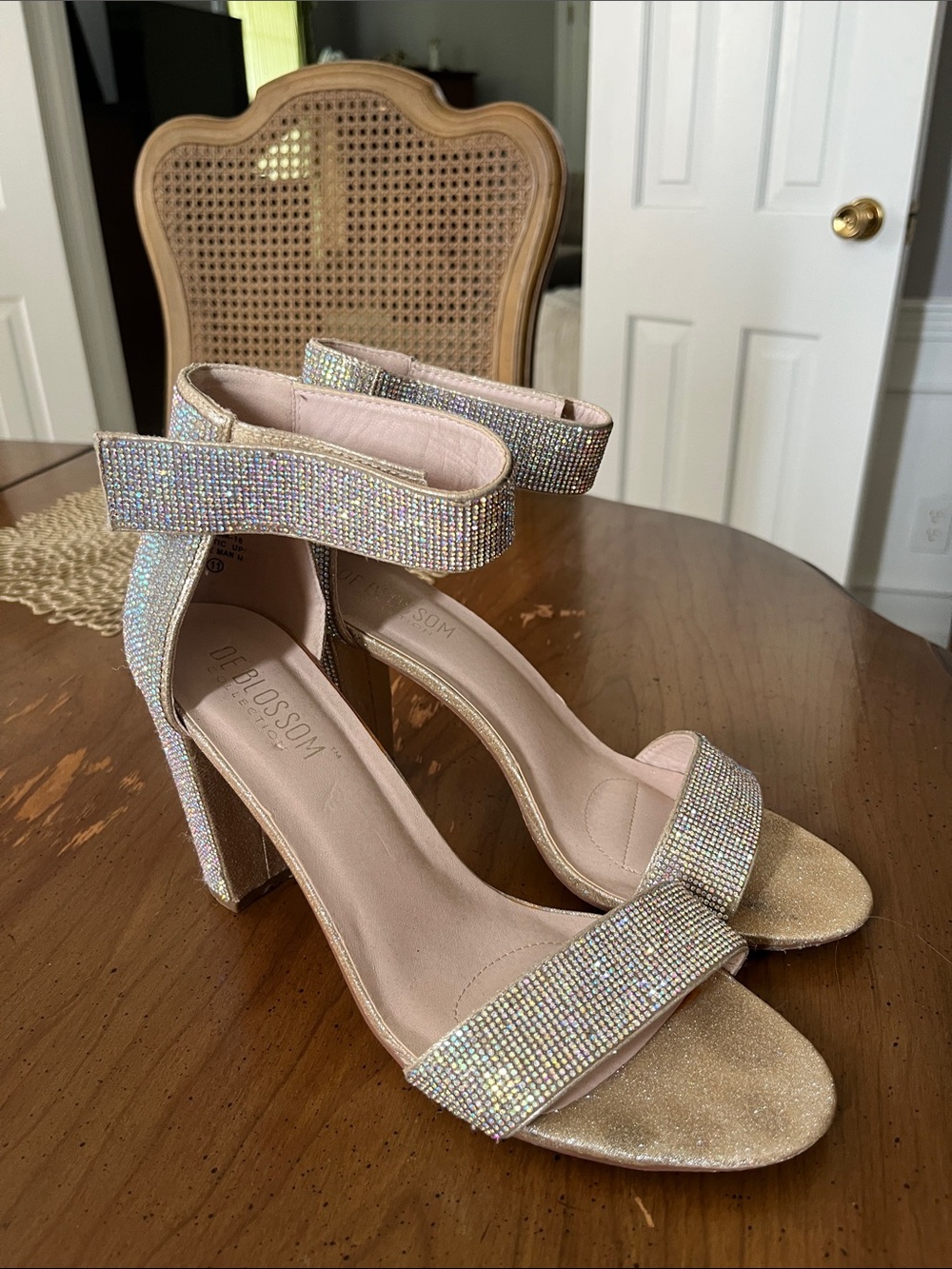 Sparkling Champagne Block Heel Sandals with Rhinestone Straps